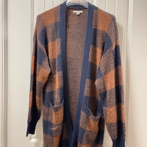 AE American Eagle Oversized Wool Plaid Cardigan Navy Brown Navy Brown – XS - Picture 7 of 13